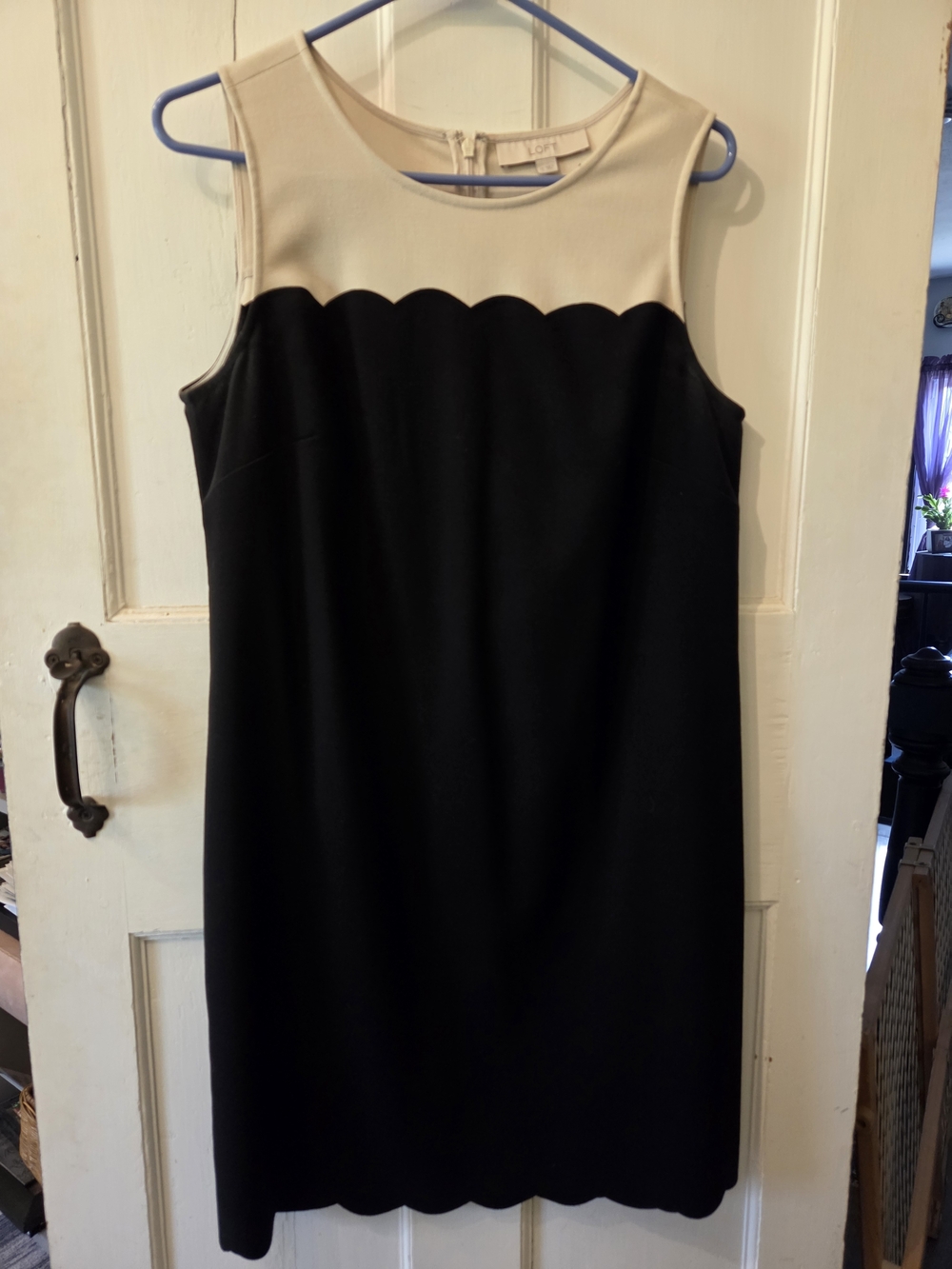 LOFT Black and Cream Sleeveless Scallop-Trim Sheath Dress